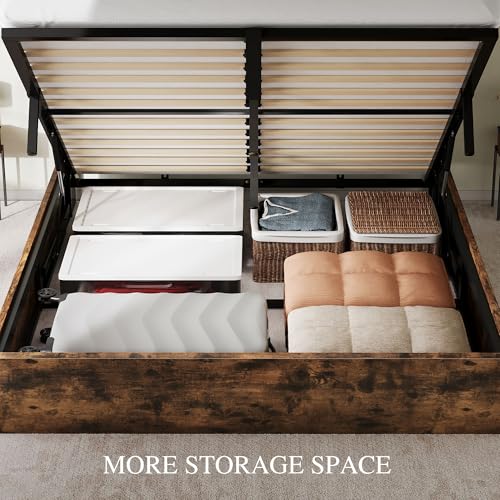 YITAHOME Queen Size Lift Up Bed with Charging Station & RGB LED Lights, PU Leather Upholstered Platform Storage Bookcase Headboard Bed