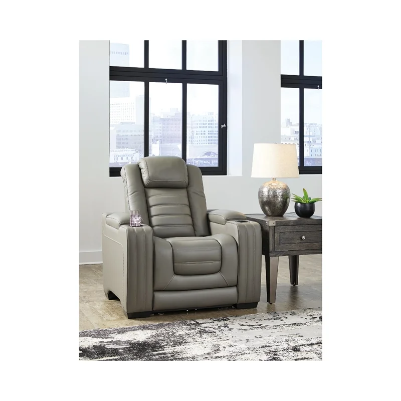 Ashley Furniture Backtrack Leather Power Recliner with Headrest in Light Gray