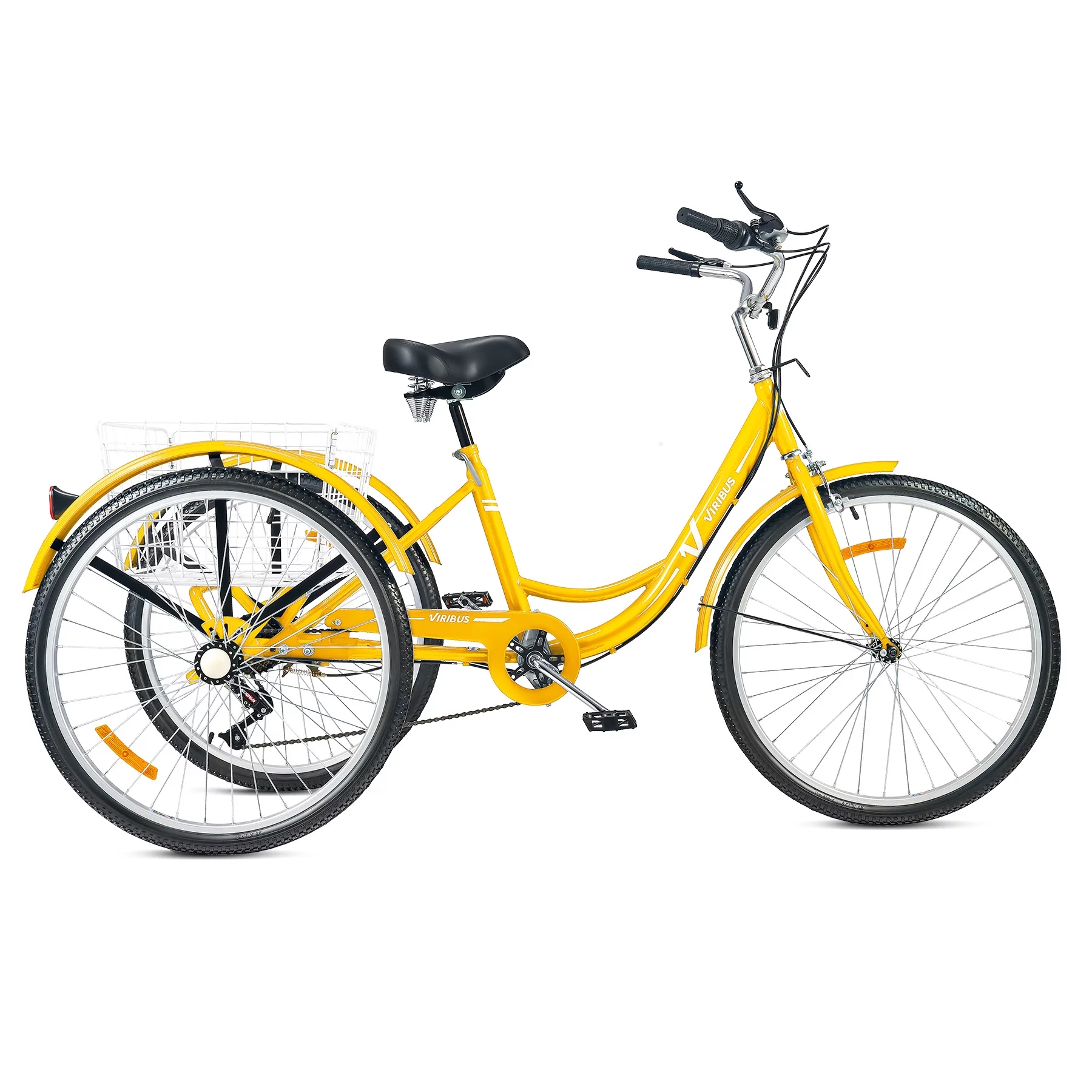 VIRIBUS 26 Inch Adult Tricycle 7 Speed 3 Wheel Cruiser Bike Trike w Rear Basket, Yellow - Curated Treasures Market