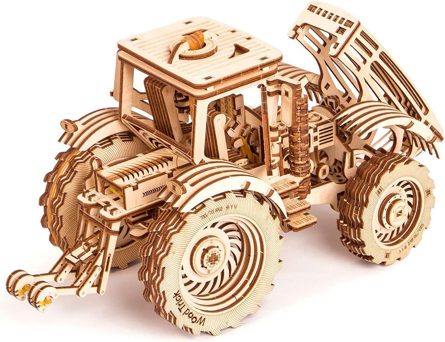 Wood Trick Wooden Mechanical Tractor Model Kit to Build for Adults and Kids - 11x7&Prime; - Detailed and Sturdy - Rubber Band Motor - 2 Speeds