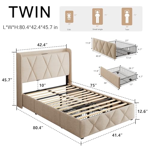 iPormis Queen Bed Frame with 4 Storage Drawers, Upholstered Platform Bed Frame with Charging Station, Modern Wingback Storage Headboard