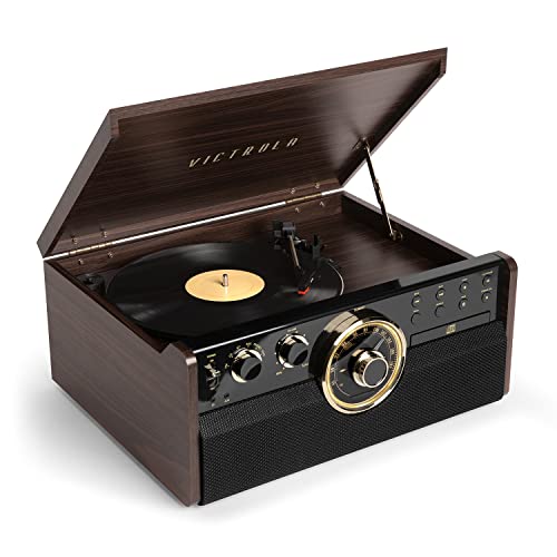 Victrola The Empire Mid-Century 6-in-1 Turntable & Multimedia Center with Built-in Speakers – 3 Speed, Bluetooth Connectivity, Radio