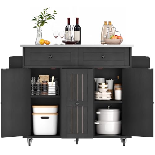 DWVO Kitchen Island on Wheels, Mobile Kitchen Island Cart with Folding Drop Leaf Breakfast Bar, Island Table for Kitchen with Large Storage Cabinets