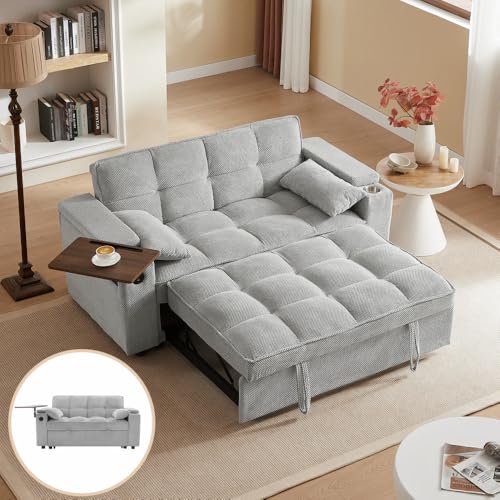 68.11" Corduroy Sleeper Chair Bed with USB Port, Cup Holders & Side Storage Pockets – 3-in-1 Foldable Sofa Bed for Guest Room, Living Room – White