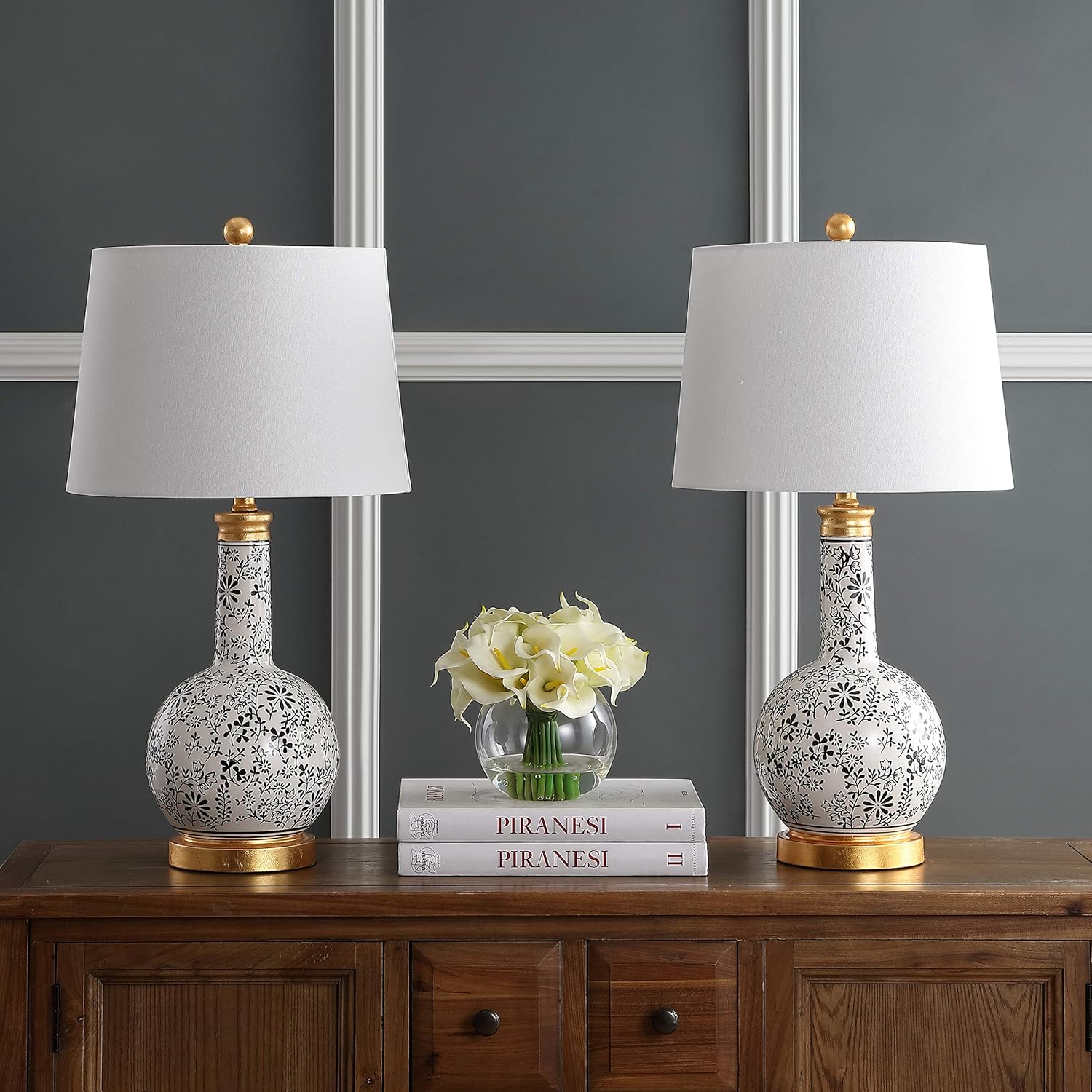 SAFAVIEH Lighting Collection Bodie Floral Black/ White 26-inch Bedroom Living Room Home Office Desk Nightstand Table Lamp Set of 2 (LED Bulbs
