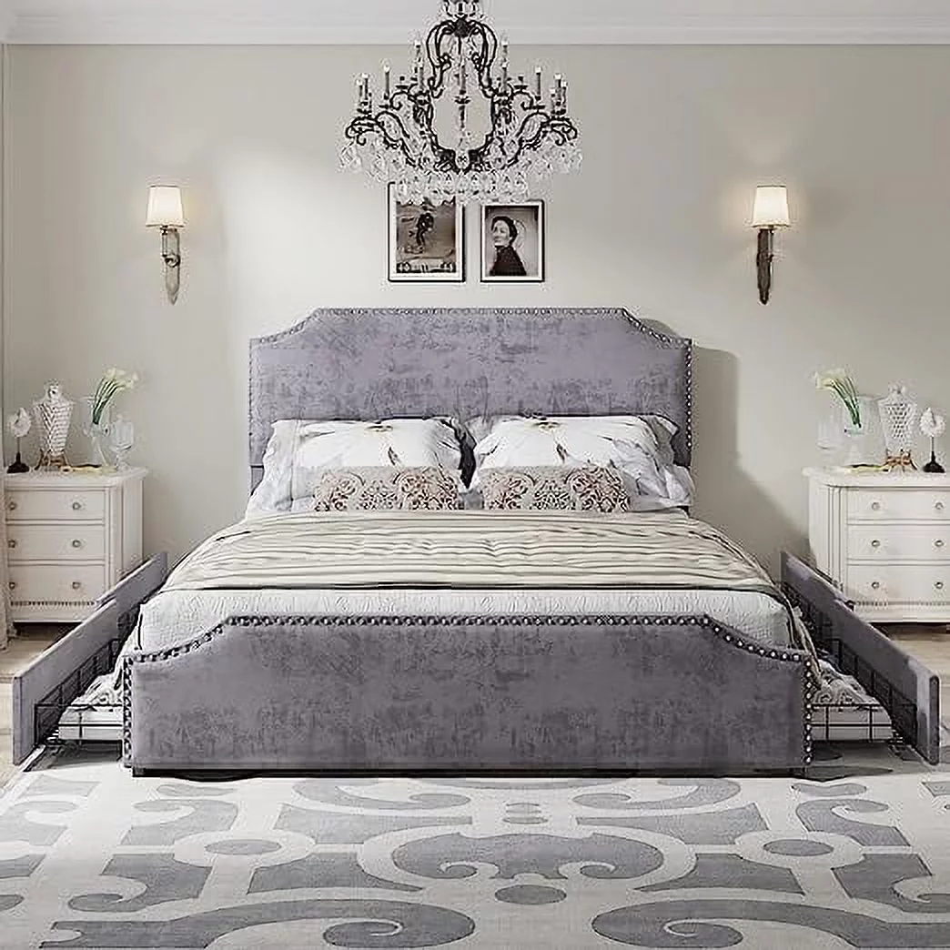 AMERLIFE King Size Bed Frame with 4 Storage Drawers and Headboard