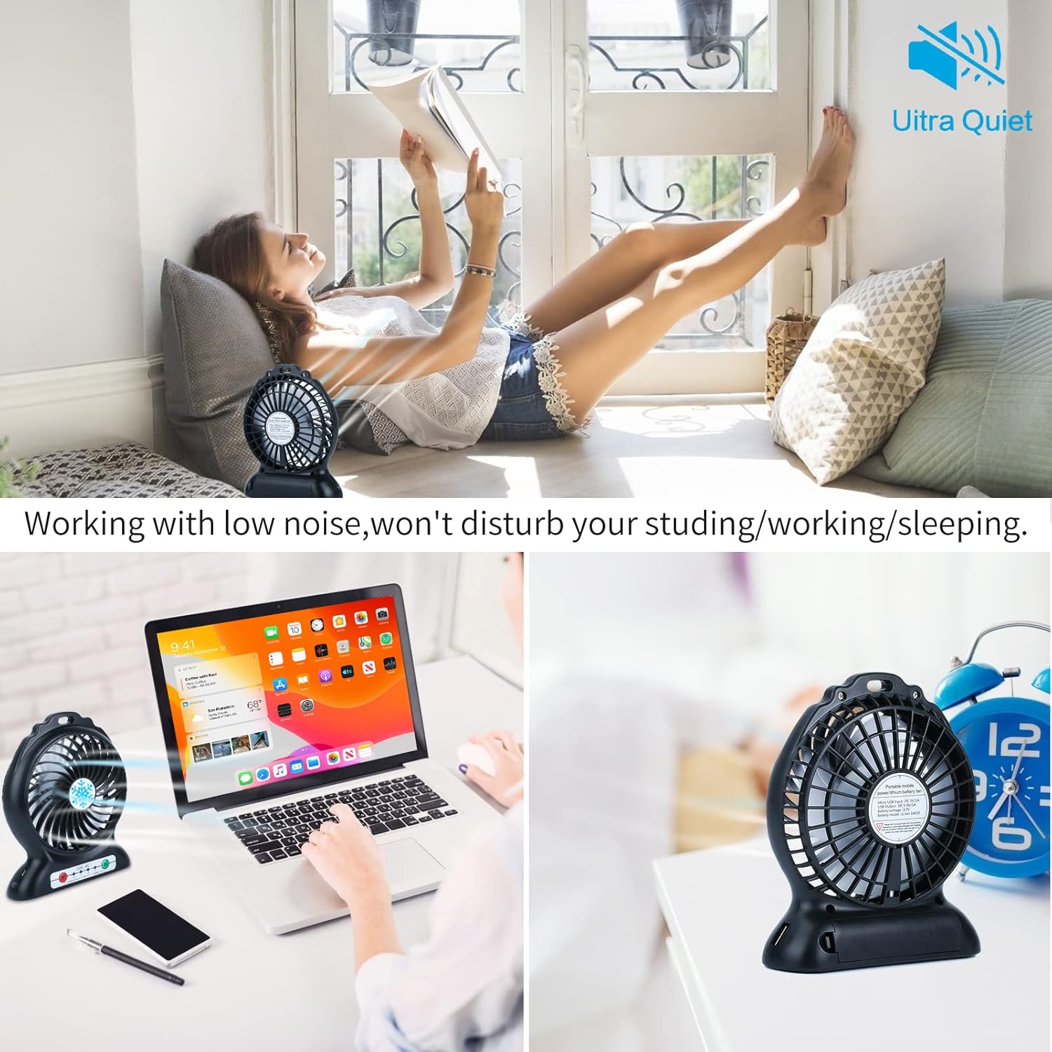 Portable Desk Fan Rechargeable,Portable Fan for Travel,Small Battery Operated USB Fan with Flashlight,2200mAh Power Bank for Phone Charge