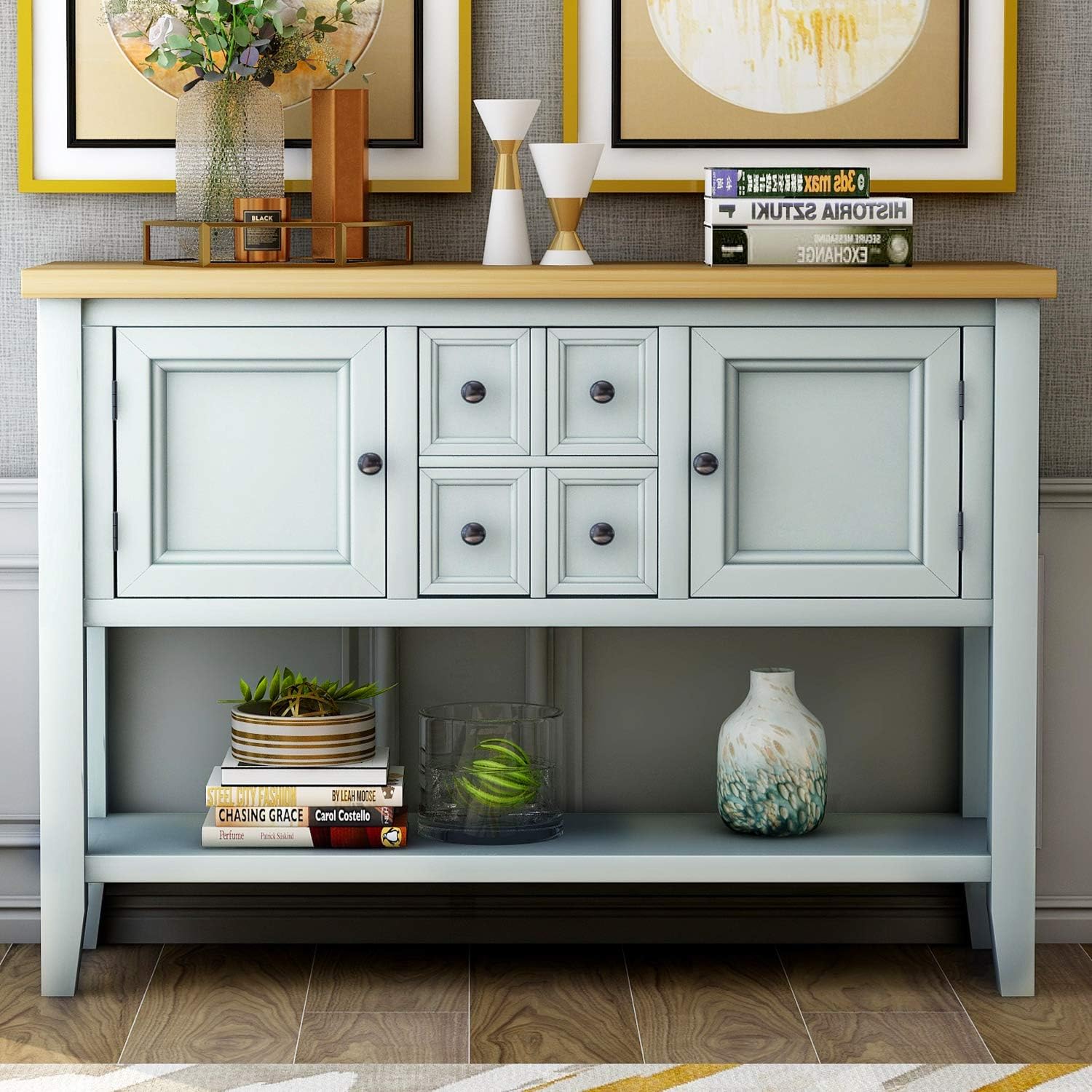XD Designs Solid Wood Console Table Sofa Table 3 Drawers, 2 Cabinet 1 Shelf,Buffet Table