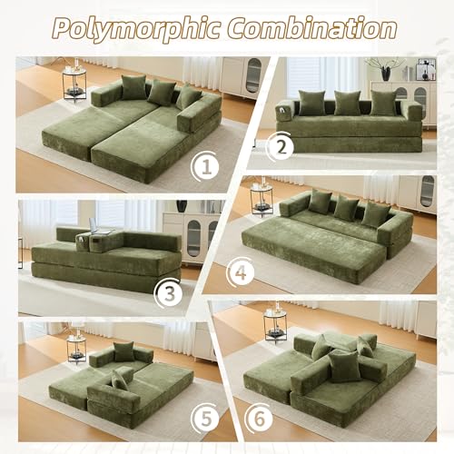 Convertible Sleeper Sofa Bed with Cylindrical Pillow, Corduroy Folding Mattress Couch with Fixed-Shape Frame