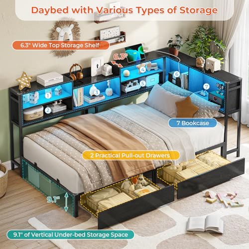 DICTAC Corner Twin Bed Frame with Bookcase Storage and Led Lights Metal Twin Size Platform Beds with Storage and Charging Station Twin Daybed with 2