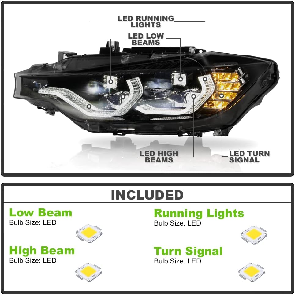 ACANII - For [Halogen Type] 2012-2015 BMW 320i 328i 335i Sedan Black Smoked DRL Tube Full LED Projector Headlights Pair