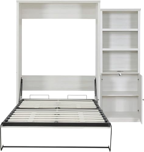 MERITLINE Queen Size Murphy Bed with Storage Bookcase Shelves,Cabinet and Charging Station,Wood Folding White Murphy Wall Bed
