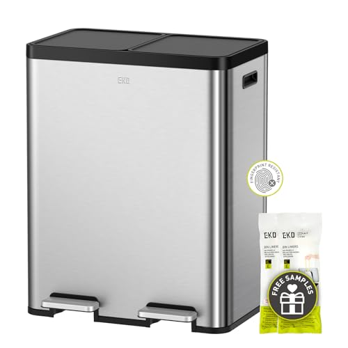 EKO EcoCasa II 36L+24L Dual Trash Can with Recycle Bin, Stainless Steel Garbage Can with Lid, Deodorizer Compartment