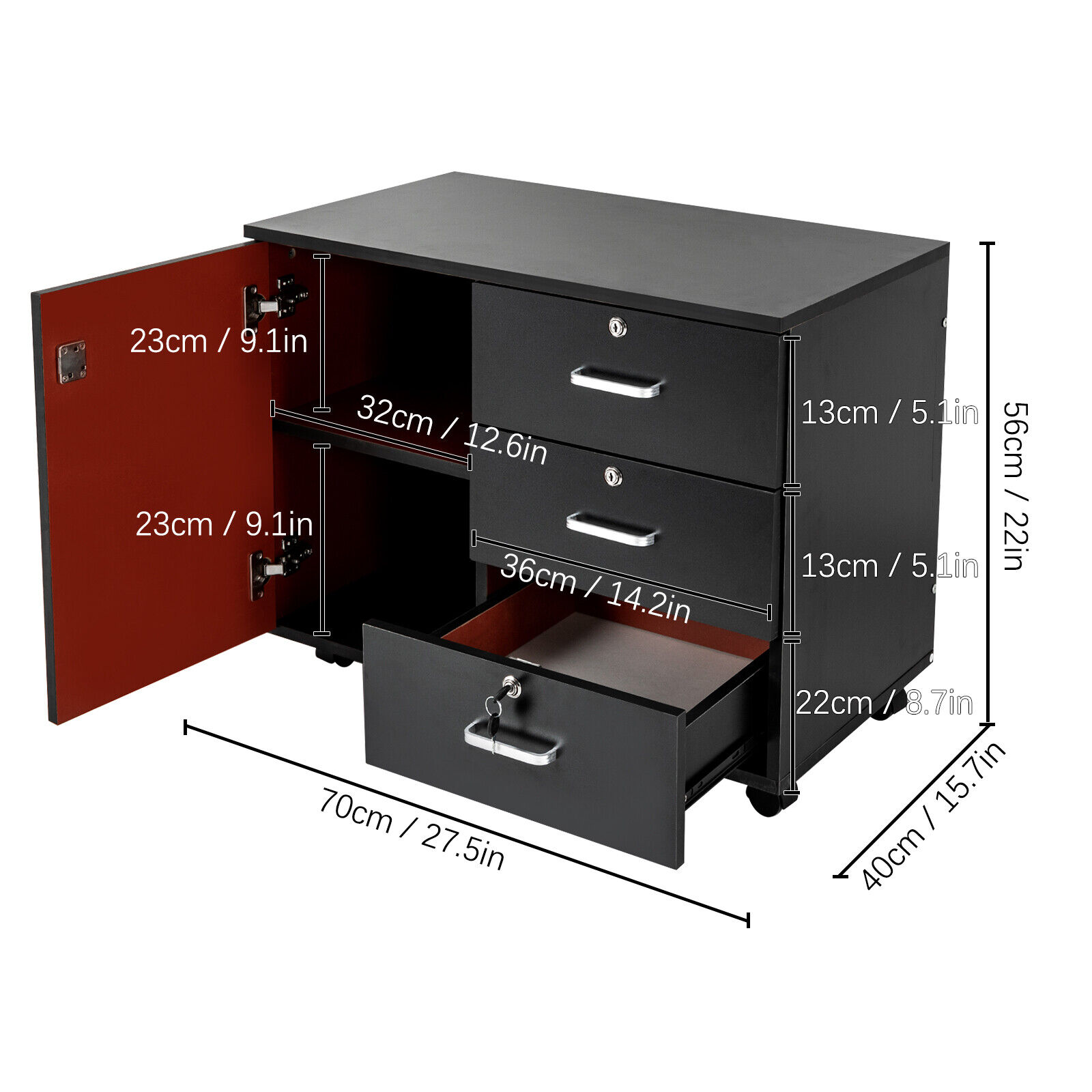 3-Drawer MDF Dresser Chest with Door Mobile File Storage Cabinet Printer Stand