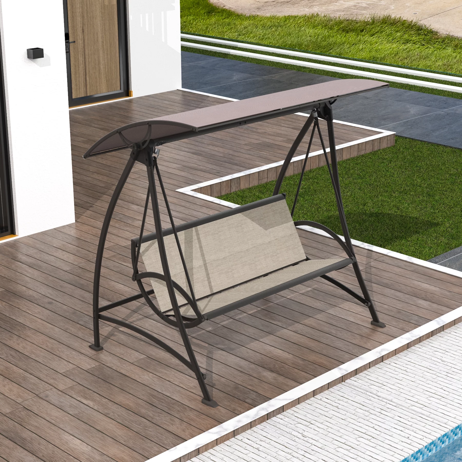 Domi Porch Patio Swing with Adjustable Canopy, 3-seat Swing with Stand, Outdoor Swings w/Armrests, Weather Resistant Steel Frame and Textilene Fabric