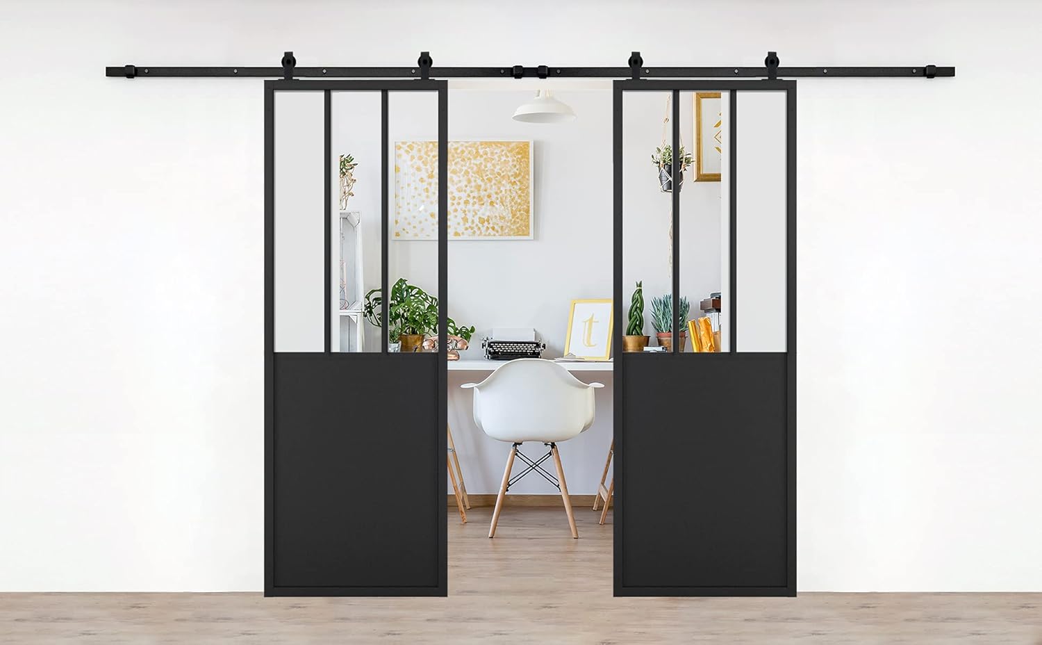JUBEST Double Barn Door 60 x 84 in with 13FT Hardware Kit, 2 Sets of 30x84 in Clear Tempered Glass Aluminum Frame Black Paneled Barn Door