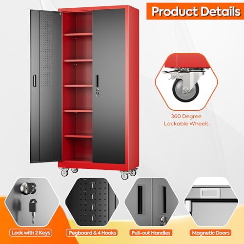 Metal Storage Cabinet with Wheels, 73" H Rolling Garage Cabinets with Locking Doors and Adjustable Shelves for Home Office, Basement, Pantry, Workshop