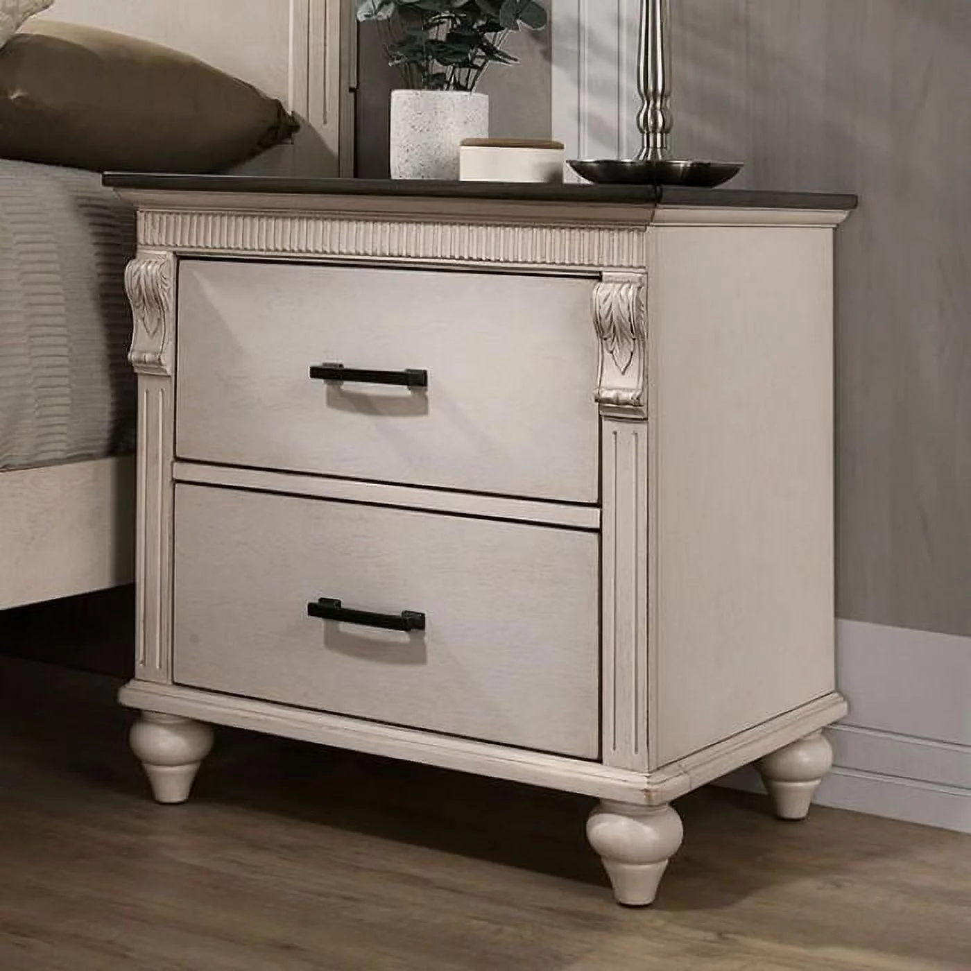 Transitional Antique White Solid Wood Queen Bedroom Set 6pcs FOA CM7182 Agathon