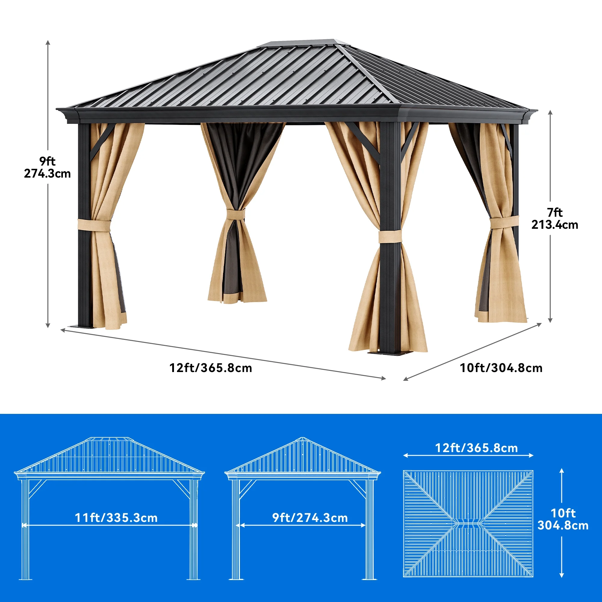 Dextrus 10x12ft Hardtop Gazebo with Nettings and Curtains, Heavy Duty Galvanized Steel Outdoor Vertical Stripes Roof for Patio, Backyard, Deck, Lawns