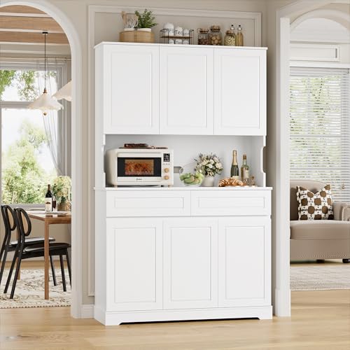 74" Pantry Cabinet, Tall Kitchen Pantry Cabinet with 6 Doors and 2 Drawers, Kitchen Hutch with Wide Countertop