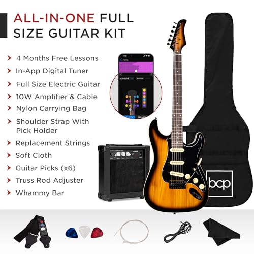 Best Choice Products 39in Full Size Beginner Electric Guitar Starter Kit w/Case, Strap, 10W Amp, Strings, Pick, Tremolo Bar - Sunburst