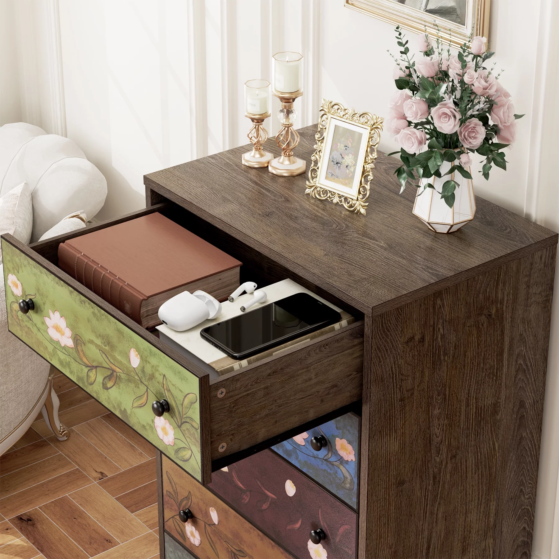 Homfa 5 Drawer Dresser for Bedroom, Boho Accent Dresser Chest of Drawers for Entryway Living Room
