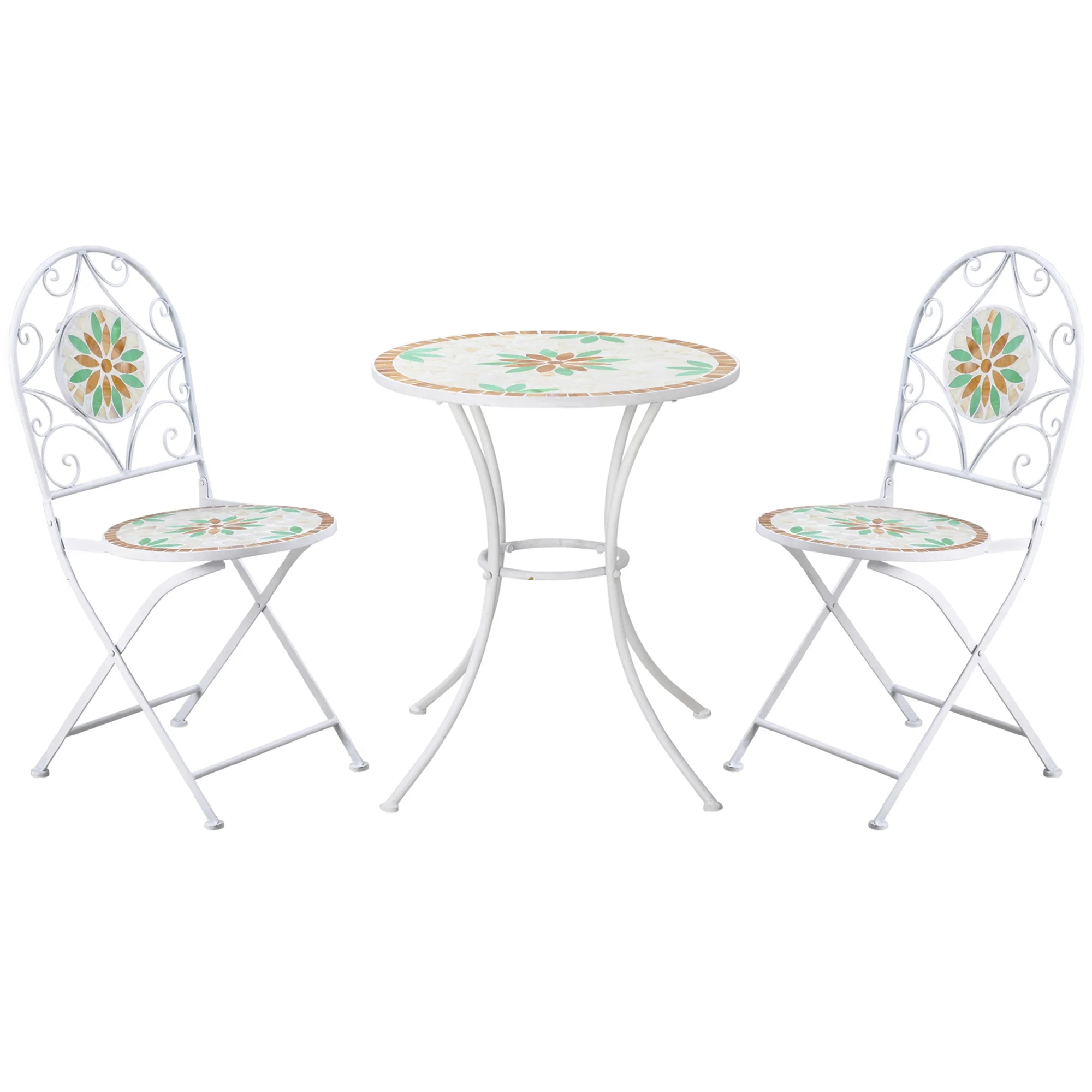 Outsunny Folding 3 Piece Bistro Set, Stone Table & Chairs, Flower Mosaic