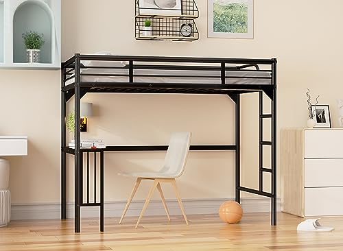 Petfu Loft Bed Twin Size with Desk, Metal Loft Bed Frame with Ladder and Safety Rails, Space-Saving, Noise Free, No Spring Box Needed, Black