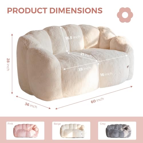 MAXYOYO Bean Bag Chair for Adults, Floral Shaped Bean Bag Sofa, Ultra Soft Faux Fur Floor Sofa, Large Reading Chair for Living Room Bedroom, Beige