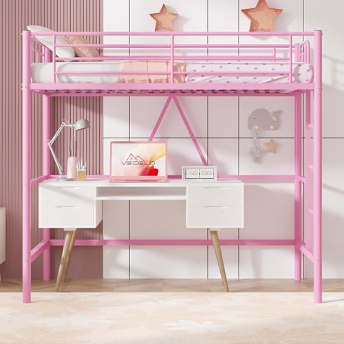 VECELO Loft Bed Twin Size, Metal Bedframe with Removable Ladder and Safety Guardrail, No Box Spring Needed, Space Saving, Noise Free, Pink