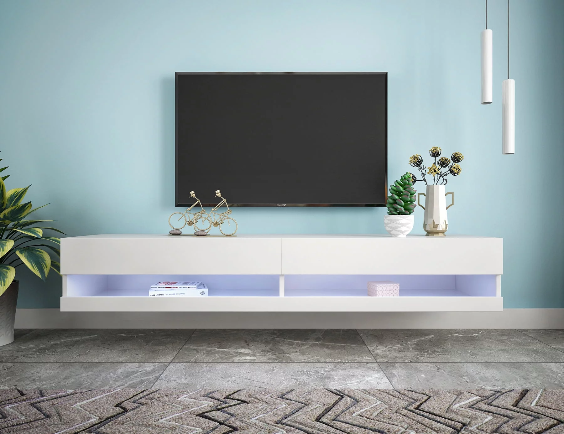 180 Wall Mounted Floating 80" TV Stand with 20 Color LEDs White Entertainment Center TV Console Storage Cabinets for Living Room Bedroom