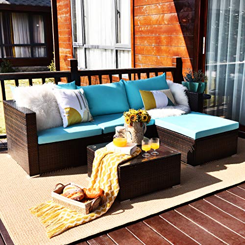 Tangkula 5 Piece Outdoor Patio Furniture Set, Sturdy Frame and Weight Capacity Up to 360 Pound, Wicker Sectional Sofa Set with Glass Top Coffee Table