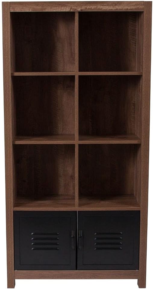 Flash Furniture New Lancaster Collection 59.5H 6 Cube Storage Organizer Bookcase with Metal Cabinet Doors in Crosscut Oak Wood Grain Finish