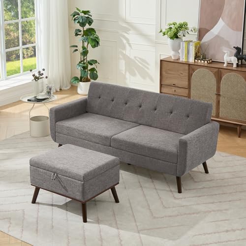 Tbfit L Shaped Couch Sofa, 80" W Mid-Century Modern Sectional Couches, 3 Seater Sofas with Wide Chaise Lounge & Two Pillows