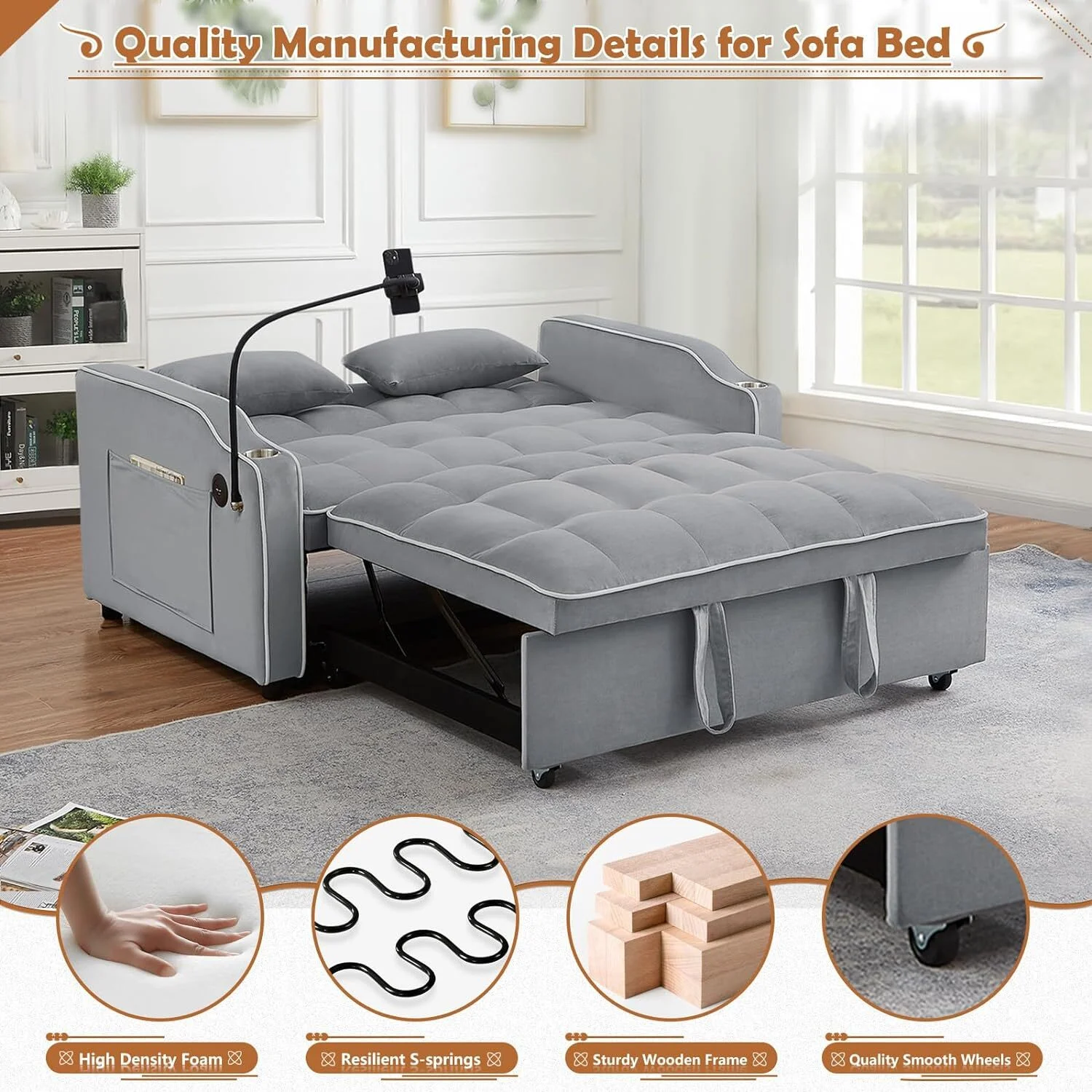 Convertible Sofa Bed with Pull Out Bed - 55" Tufted Velvet Loveseat Sleeper Sofa Adjustable Back with USB Port Ashtray Swivel Phone Stand
