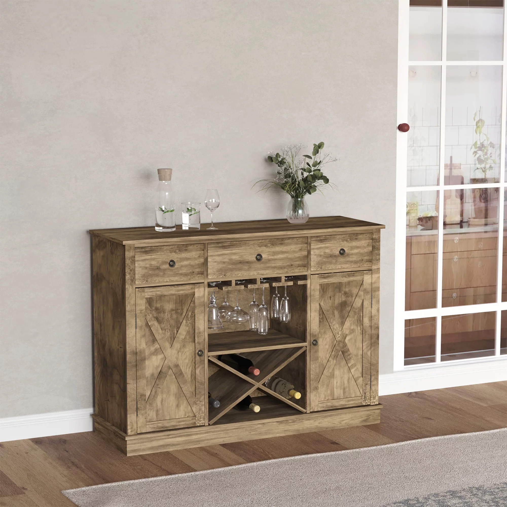 HOMCOM Farmhouse Coffee Bar Cabinet, Wine Cabinet with 3 Drawers, x-Shaped Wine Rack, Rustic Oak Grain