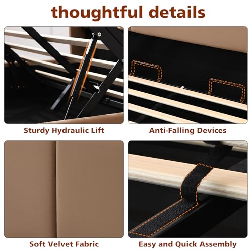 VELOCAVA Queen Size Lift Up Storage Bed with Modern Wingback Headboard, Upholstered Platform Bed with Fabric with Hydraulic Support Bars