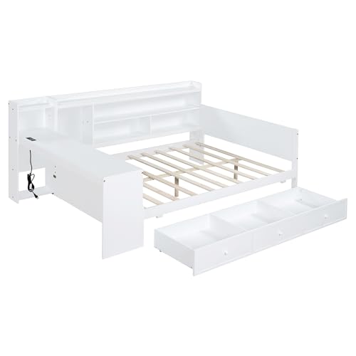 Bellemave Twin Corner Bed Frame with Storage Shelves and Desk, Wood Twin Size Daybed with Bookcase and Drawers and Storage, Gray