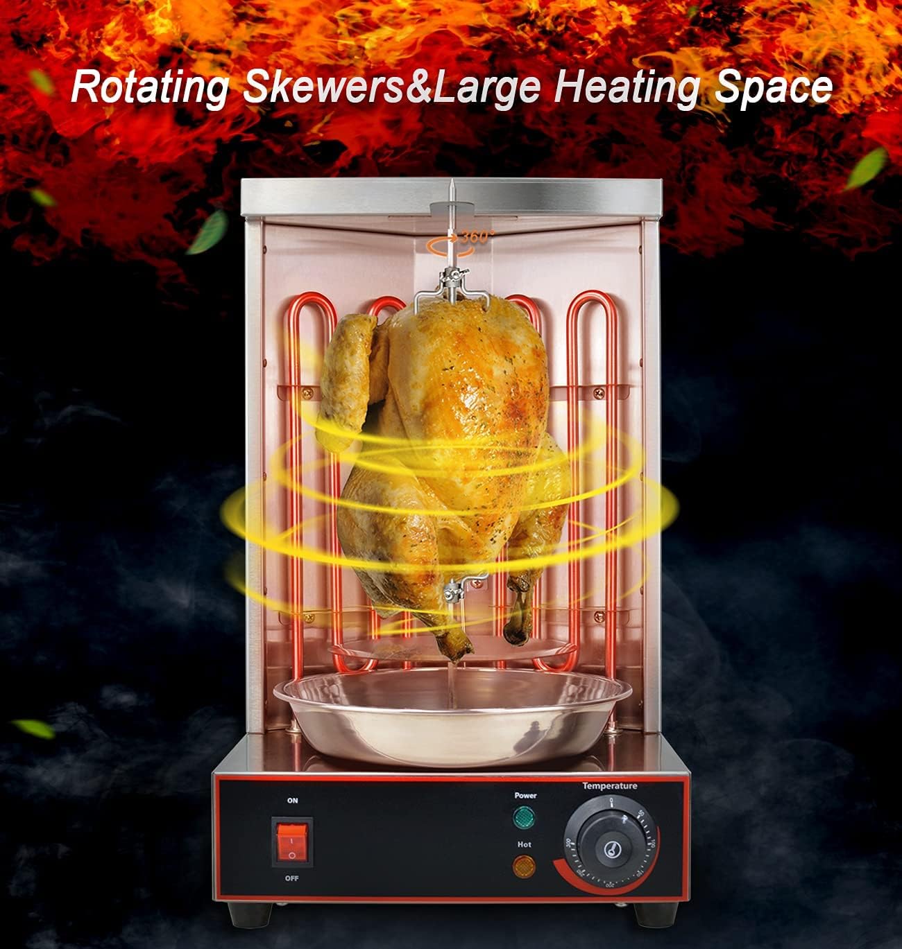 Li Bai Shawarma Machine Electric Vertical Kebab Grill Gyro Rotisserie Oven Meat Broiler with 2 Heating Tubes Stainless Steel Body 110V For Home