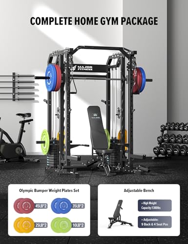 Major Fitness Smith△ Machine Drone2 Premium, All-in-One Home Gym Squat Rack with Aluminum Pulley Set , Weight Bar