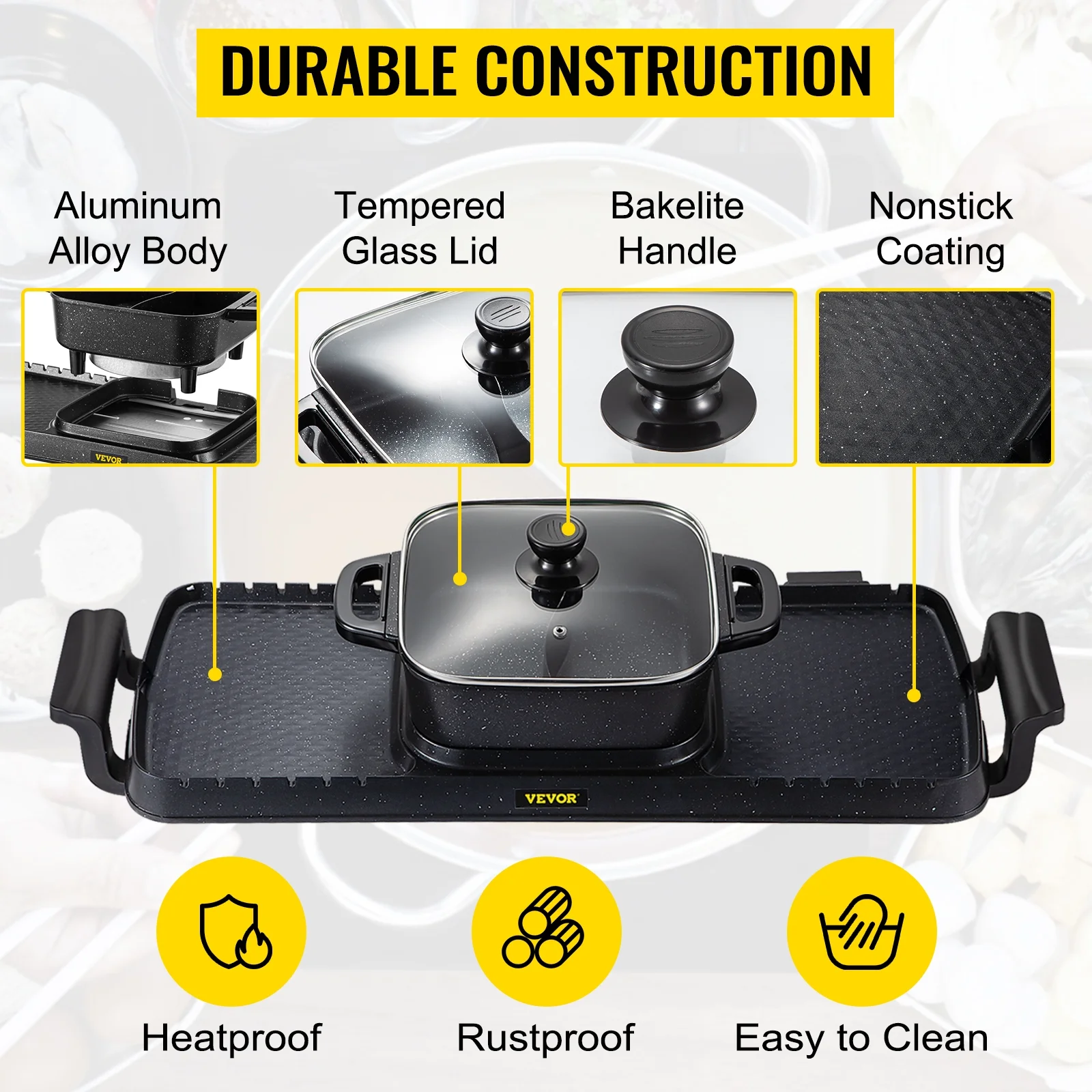 2in1 Electric BBQ Pan Grill Hot Pot 2400W Multifunction Home Portable Smokeless Nonstick Detachable Hot Pot Barbecue Plate