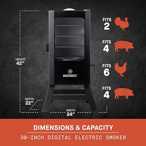 Masterbuilt? 30-inch Digital Electric Vertical BBQ Smoker with Leg Kit, Side Wood Chip Loader and 710 Cooking Square Inches in Black, Model MB20070421