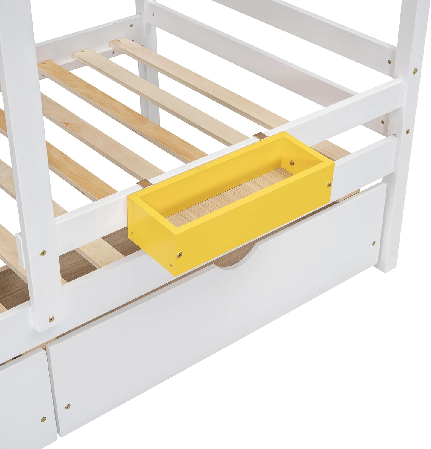 Multi-Functional Bunk Bed for Kids, Twin Size House Bunk Bedframe with Yellow Window & Two Storage Drawers, Open Shelves & Boxes