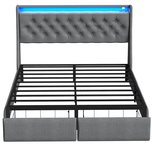 Queen Bed Frame with 2 Storage Drawers, Platform Bed Frame Queen Size with LED Light, Upholstered Headboard, Charging Station, Steel Slat Support