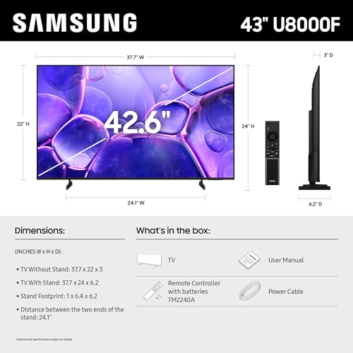 Samsung 43-Inch Class Crystal UHD U8000F 4K Smart TV (2025 Model) Endless Free Content, Crystal Processor 4K, MetalStream Design, Knox Security