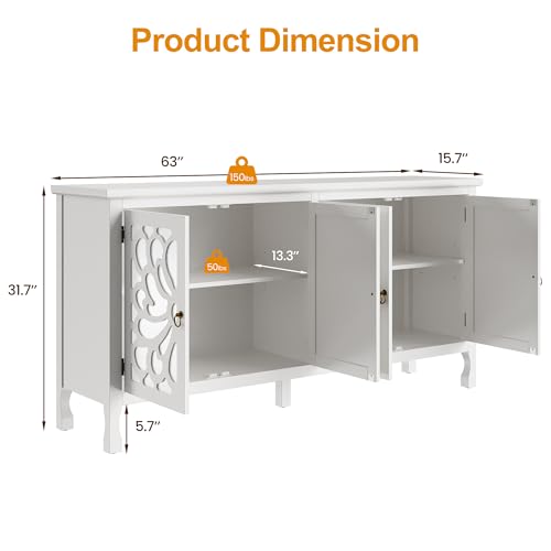 RoyalCraft Buffet Cabinet with Mirror Butterfly Carved Door, 63'' Sideboard Cabinet with Adjustable Shelves