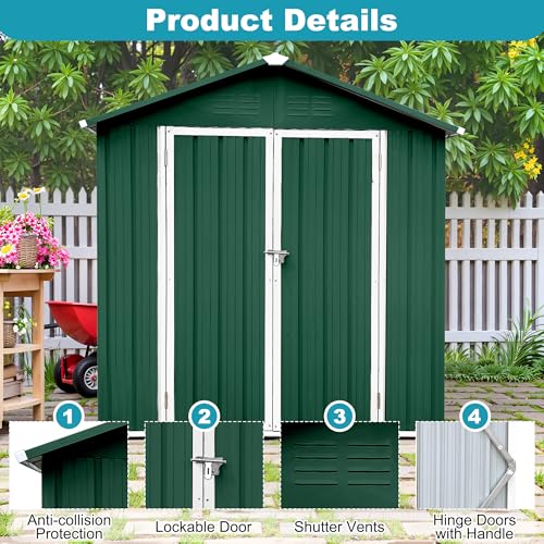 8x6 FT Outdoor Storage Shed, Metal Tool Shed with Lockable Doors, Peaked Roof & Frame Floor