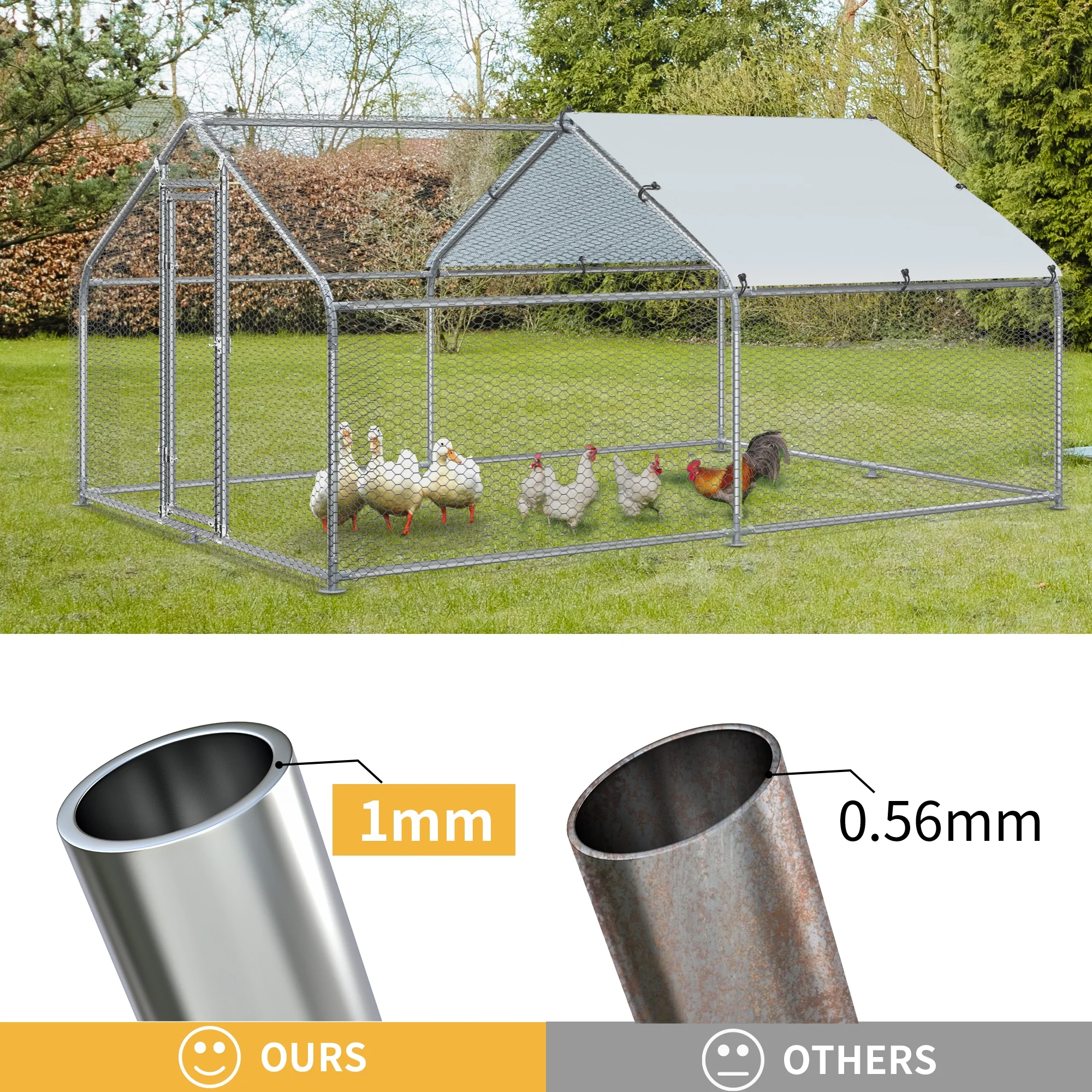 Dextrus Large Metal Chicken Coop Walk-in Poultry Cage Hen Run House Rabbits Habitat Cage Spire Shaped Coop with Waterproof and Anti-Ultraviolet Cover