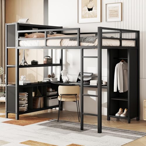 Queen Size Modern Metal Loft Bed with Wardrobe and L-Shaped Desk,Storage Cubes and Shelves,for Kids Teens Adults Bedroom Use (Black#h, Queen)