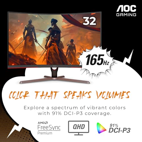 AOC CQ32G4VE 32" Curved Frameless Gaming Monitor 2K QHD, 1500R Curved VA, 180Hz, 0.5ms Response Time, 2X Display Port, 2X HDMI